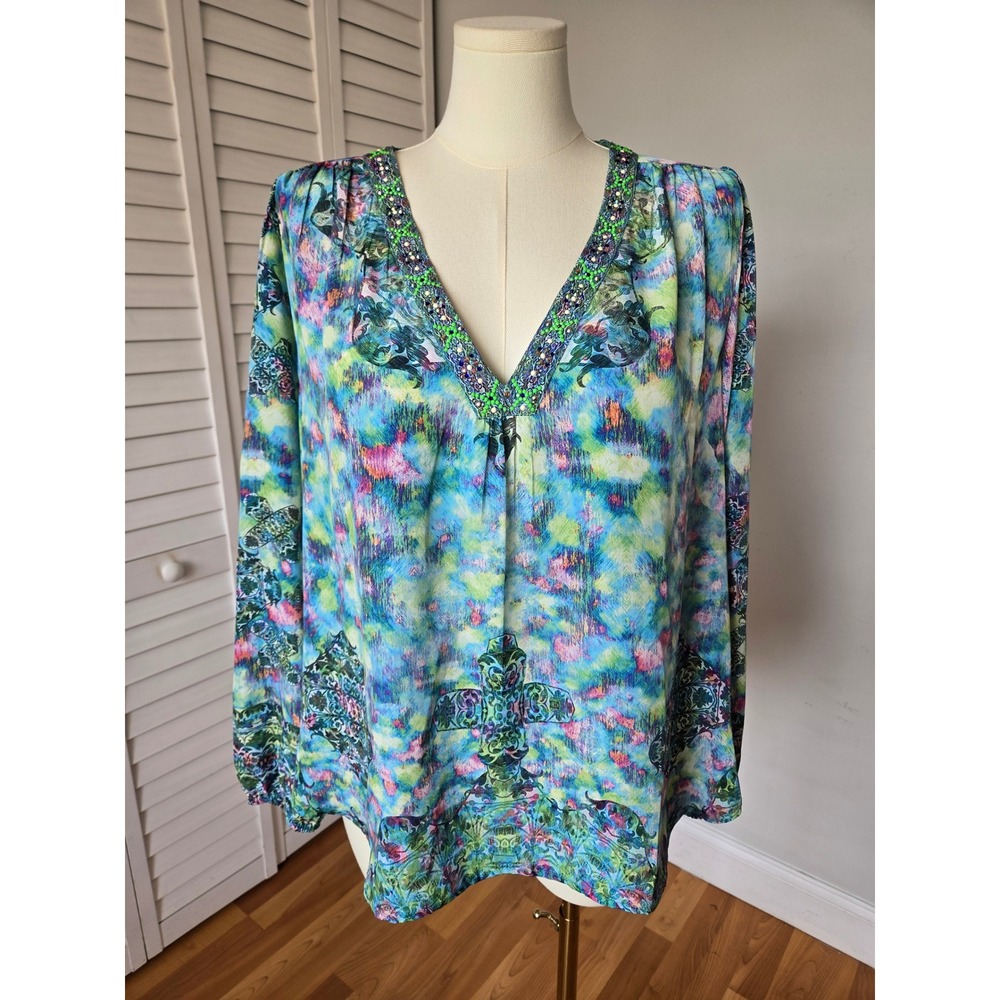 Rocco Sand Aqua Blue Embellished Boho Blouse Size L Beaded Abstract Artsy Resort
